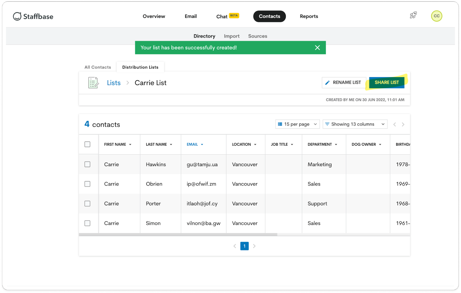 Example showing distribution list named Carrie List with 4 contacts all named Carrie.