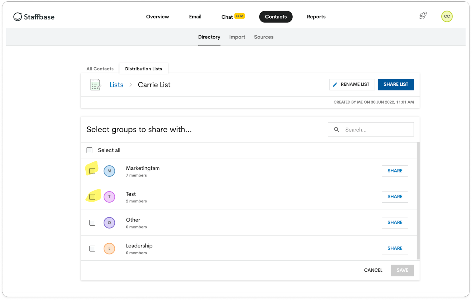 After clicking on the Share List button on the Carrie List page, new section slides open in UI to allow user to select groups to share with: Marketingfam, Test, Other or Leadership