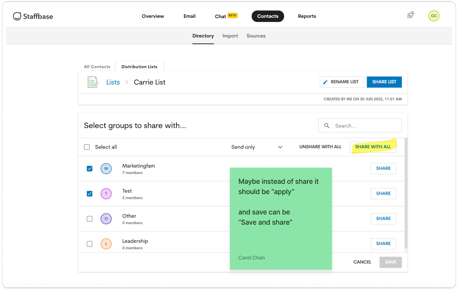 Clicking on checkboxes beside groups multi-selects them. New content opens up to allow users to change permissions in bulk using Share with all button. Carol has a sticky note on top commenting: Maybe instead of share with all, it should be apply and save button can be save and share