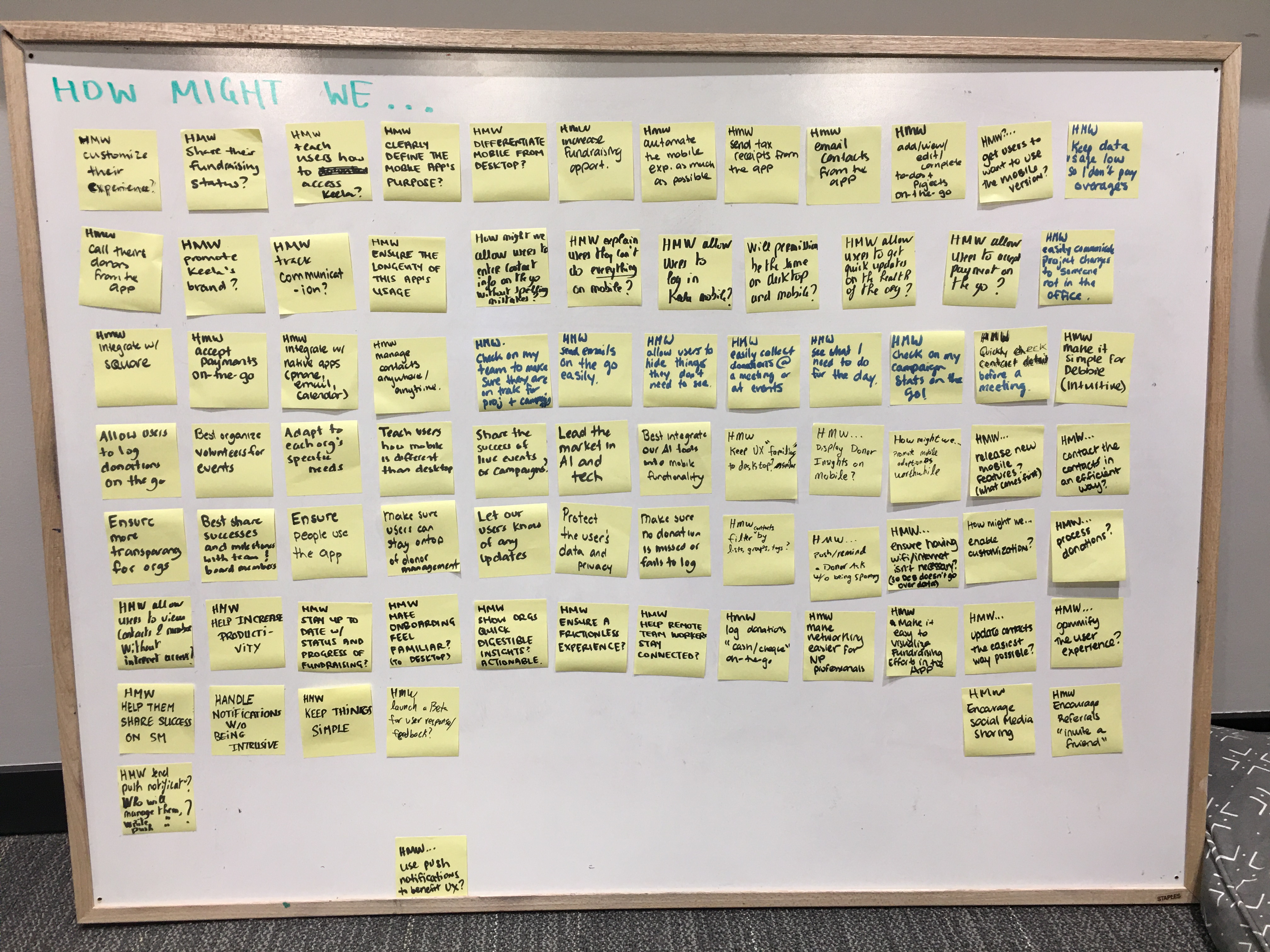 photos of sticky notes on whiteboard containing all how might we statements