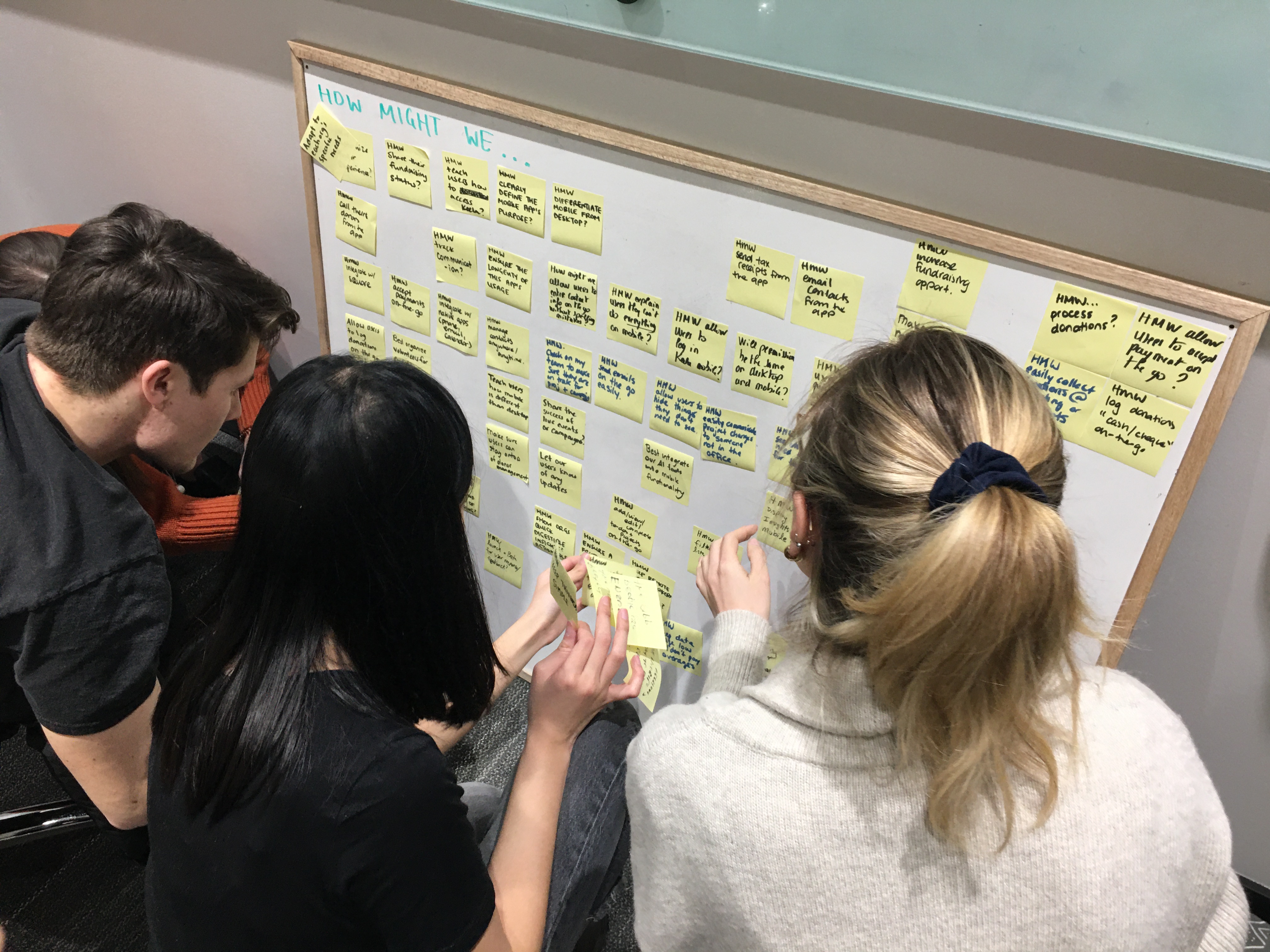 team members organizing sticky notes